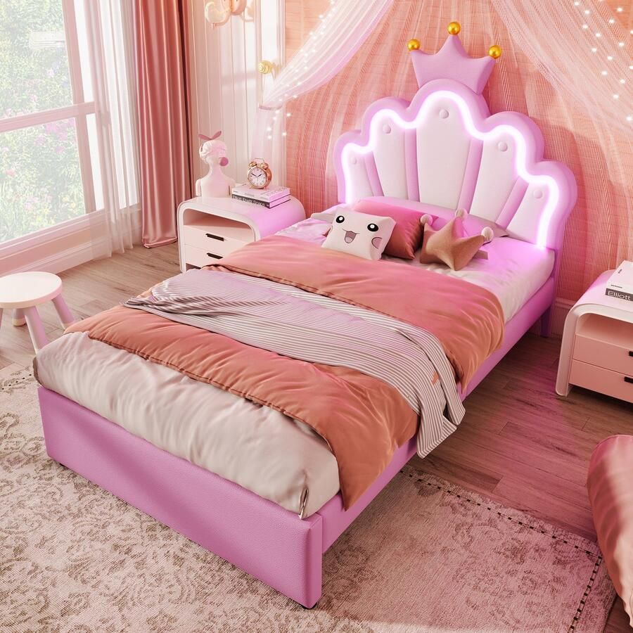 HAUSS SPOLE Kinderbedden 90x200 cm Gestoffeerd Bed Met LED Verlichting En 2 Laden Voor Meisjeskamer Met Opbergruimte PU Roze