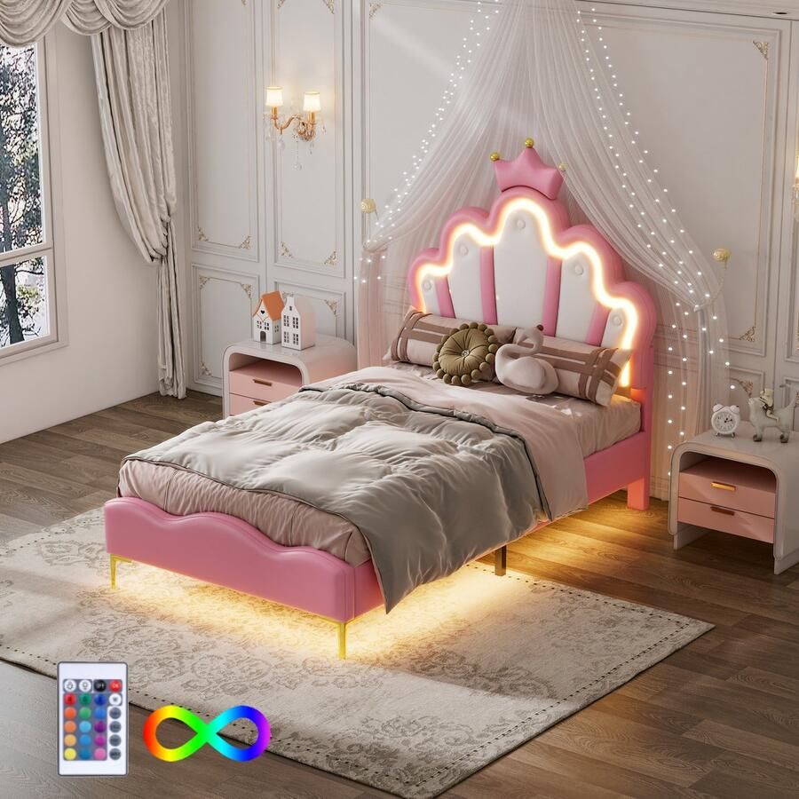 HAUSS SPOLE Kinderbedden 90x200 cm Gestoffeerd Bed Met LED Verlichting En Kronenvormig Hoofdeinde Voor Meisjeskamer MDF Roze