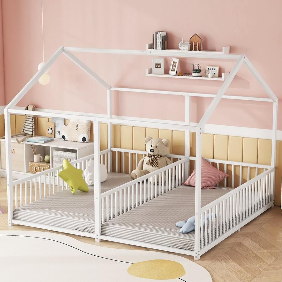 HAUSS SPOLE Kinderbedden 90x200 cm Kinderbed Met Huisvorm En Rausfallschutz Stabiel En Veilig Metaal Wit