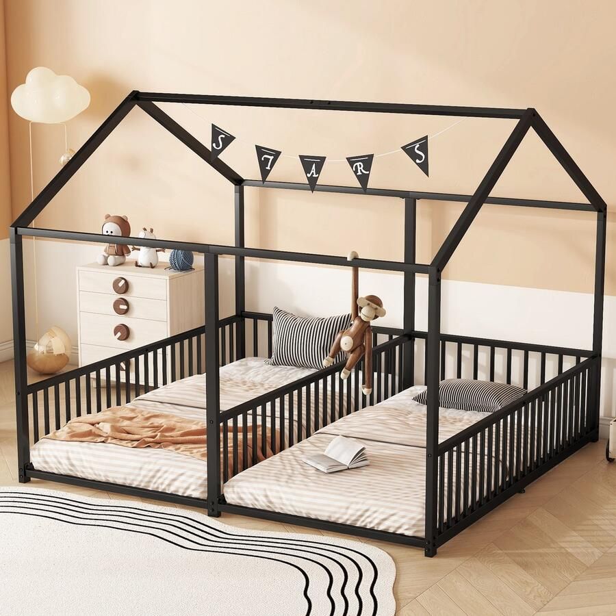 HAUSS SPOLE Kinderbedden 90x200 cm Kinderbed Met Huisvorm Veiligheidsbeugel En Lattenbodem Stabiel En Duurzaam Metaal Zwart