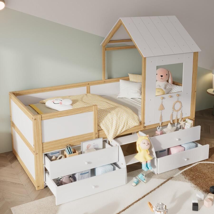 HAUSS SPOLE Kinderbedden 90x200 Huisbed Met Kleine Trappen en Venster Hout Wit + Natuur