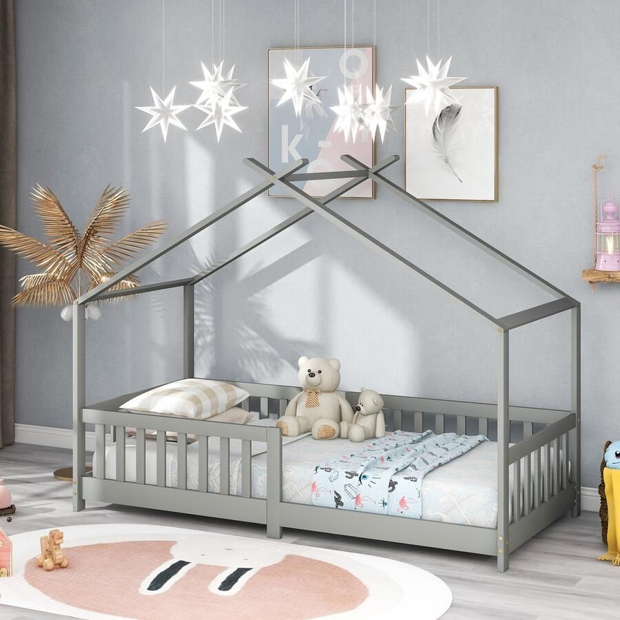 HAUSS SPOLE Kinderbedden 90x200 Huisbed Met Rausfallschutz en Zaun Grenen Grijs