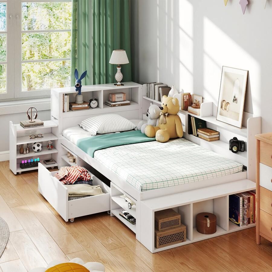 HAUSS SPOLE Kinderbedden 90x200cm Eenpersoonsbed Met Lades En Kasten Massief houten Hoogslaper Inclusief Lattenbodem MDF Wit(Zonder Matras)