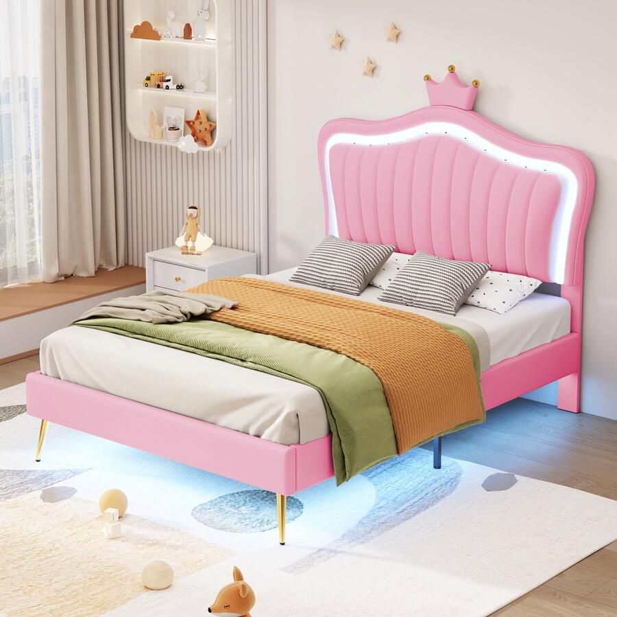 HAUSS SPOLE Kinderbedden Gestoffeerd Bed 90x200 cm – Eenpersoonsbed Met Lattenbodem – Met LED Verlichting En Rugleuning – Voor Meisjeskamer – Kunstleer – Roze