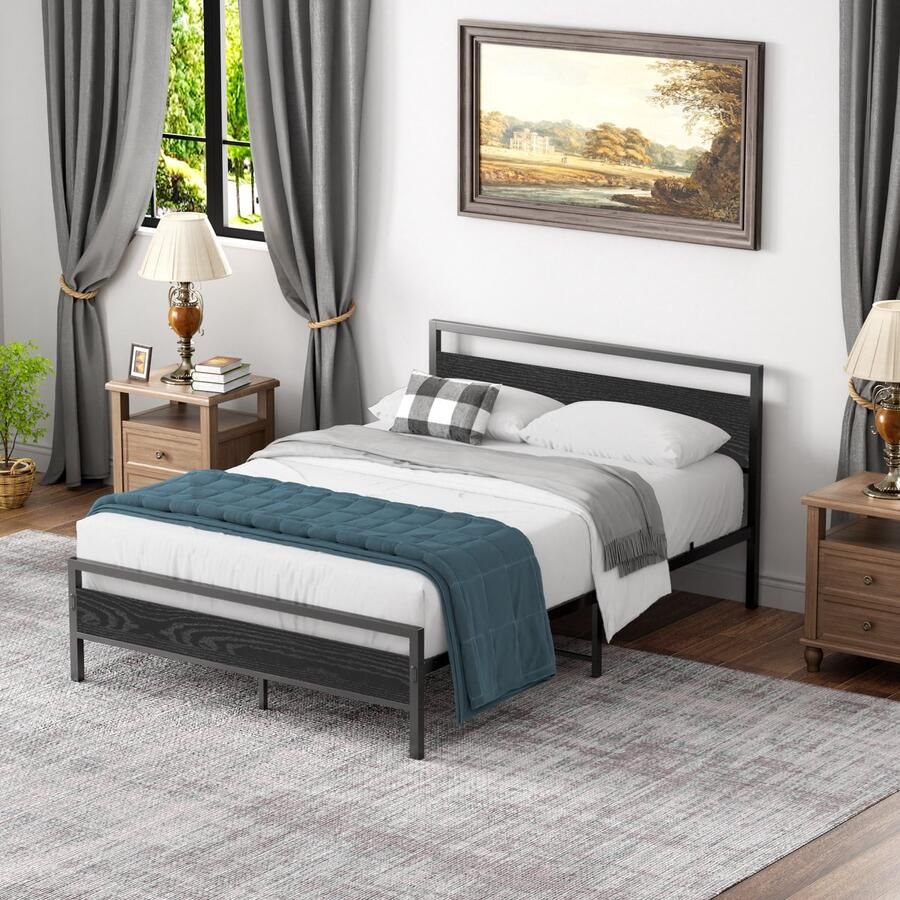 HAUSS SPOLE Metalen Bed 140 x 200 cm Bedframe Jeugdbed met MDF-Hoofdeinde-Lattenbodem-Modern Design-27 cm Bodemvrijheid-Zwart-Met Matras