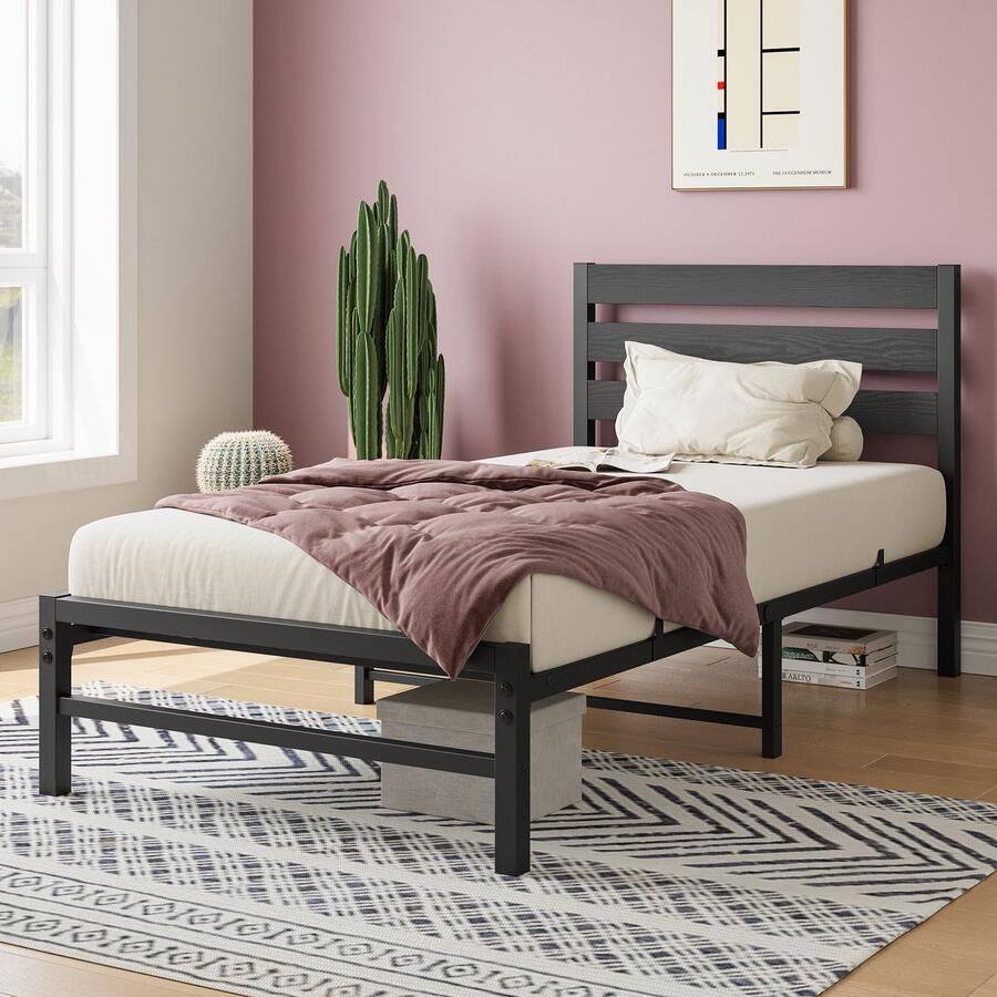 HAUSS SPOLE Metalen Bed 90 x 200 cm Bedframe Jeugdbed met MDF-Hoofdeinde-Lattenbodem-Modern Design-27 cm Bodemvrijheid-Bruin-Met Matras