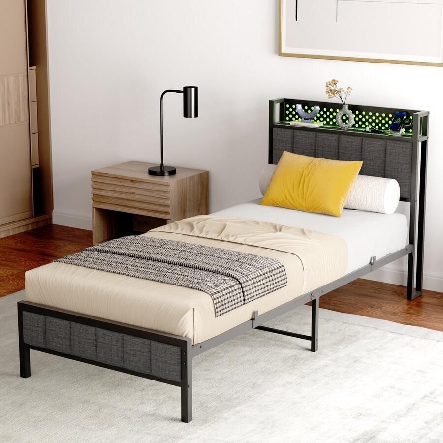 HAUSS SPOLE Metalen Bed 90x200cm -Gepolsterd Hoofdbord USB En LED Hoofdbord-Slaapkamer Studentenkamer Logeerkamer Jeugdkamer Eenvoudige Montage Metaal-Zwart