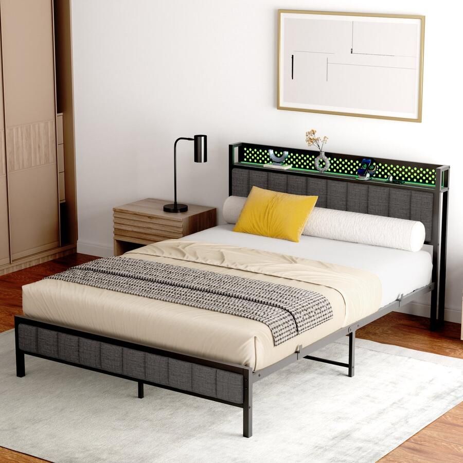HAUSS SPOLE Metalen Bed 140x200cm -Gepolsterd Hoofdbord USB En LED Hoofdbord- Twijfelaarbedden Voor 2 personen Logeerkamer Jeugdkamer Eenvoudige Montage Metaal- Met 10cm sponsmatras Zwart