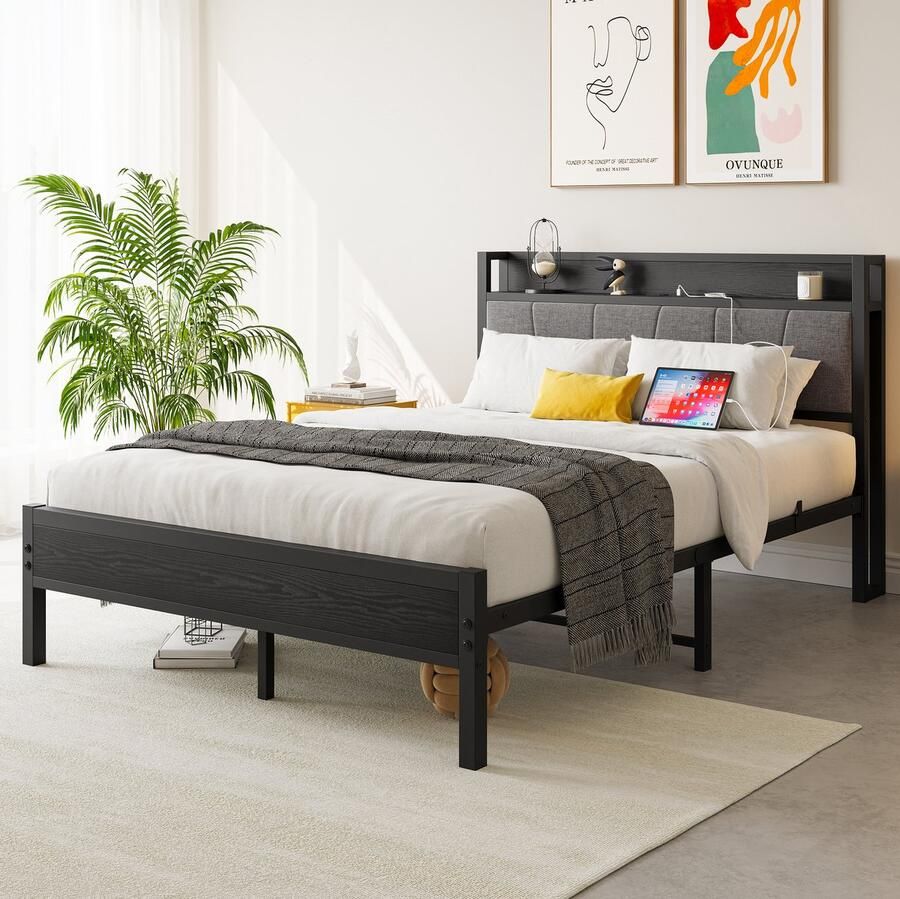 HAUSS SPOLE Metalen Bedframe 140x200 Gepolsterd Hoofdbord Met matras 10cm Eenpersoonsbed met Opbergbaar Hoofdbord Eenvoudige Montage Logeerkamer Jeugdkamer Zwart