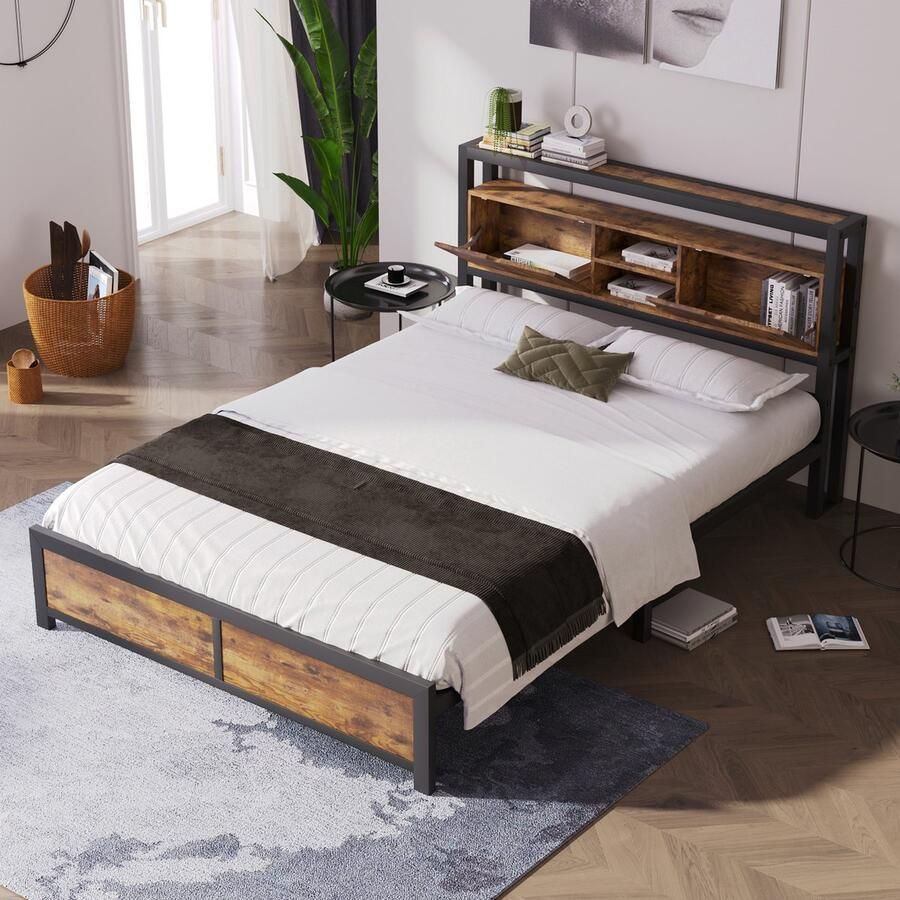 HAUSS SPOLE Metalen Twijfelaarbedden 140x200 cm Bed Met Opbergruimte Hoofdeinde Stevig Metaal Natuurlijk (Geen Matras)