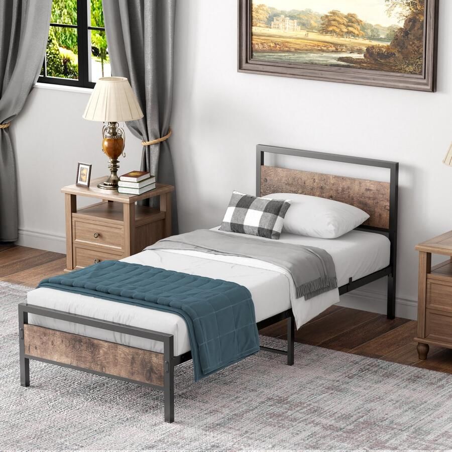 HAUSS SPOLE Modern Metalen Bed 90 x 200 cm met Lattenbodem-Dubbel Eenpersoonsbed-Klassiek Bed-Geschikt Voor Logeerkamerbed-Jeugdkamerbed (Zwart-Met Matras)