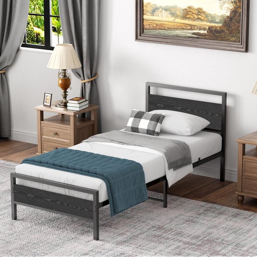 HAUSS SPOLE Metalen Bed 90 x 200 cm Bedframe Jeugdbed met MDF-Hoofdeinde-Lattenbodem-Modern Design-27 cm Bodemvrijheid-Zwart-Met Matras