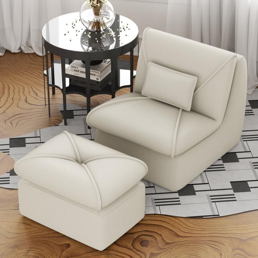 HAUSS SPOLE Relaxstoel Met Voetensteun Extra Dikke Zitting Voor Comfort Stoel zonder armleuningen Gigantische zitzakstoel comfortabele enkele luie bank Woonkamer & Slaapkamer Chenillestof-Wit - Foto 2