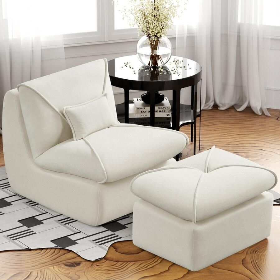 HAUSS SPOLE Relaxstoel Met Voetensteun Extra Dikke Zitting Voor Comfort Stoel zonder armleuningen Gigantische zitzakstoel comfortabele enkele luie bank Woonkamer & Slaapkamer Chenillestof-Wit