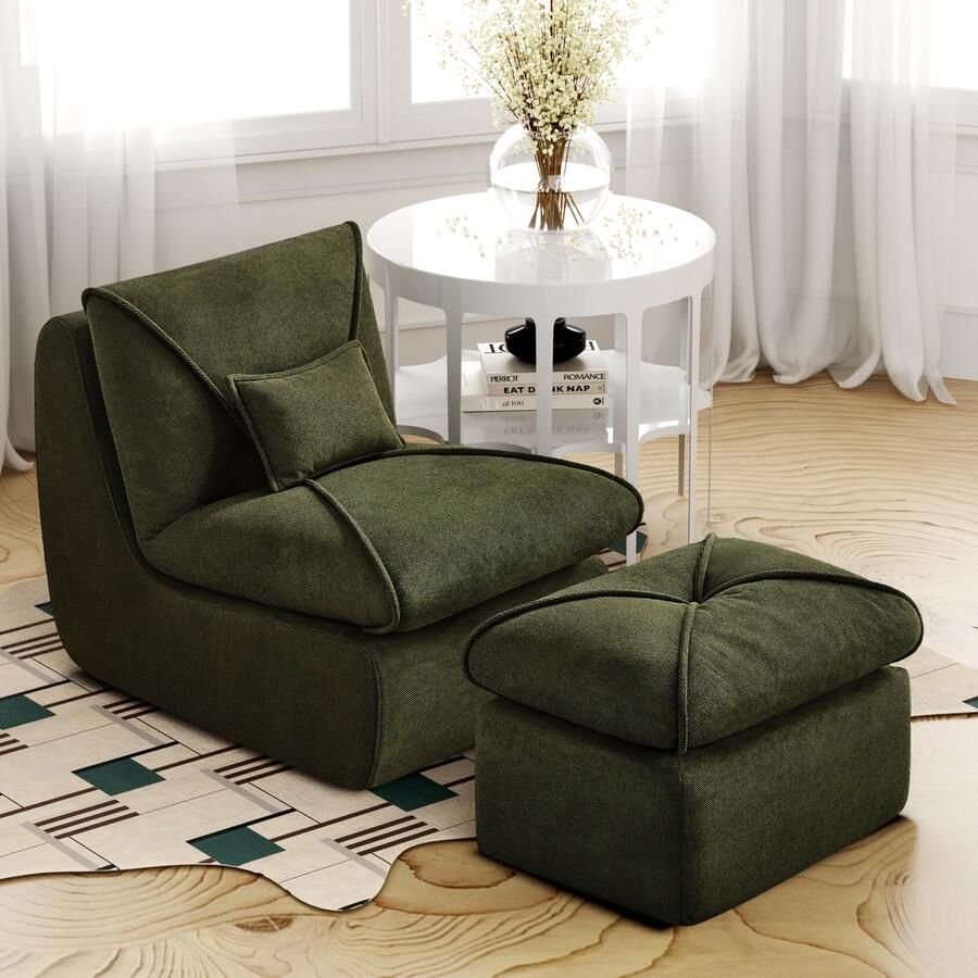 HAUSS SPOLE Relaxstoel Met Voetensteun Extra Dikke Zitting Voor Comfort Stoel zonder armleuningen Gigantische zitzakstoel comfortabele enkele luie bank Woonkamer & Slaapkamer Chenillestof-Groen