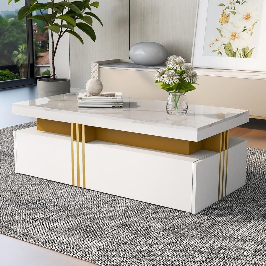 HAUSS SPOLE Salontafel 100x50x40cm vorm Rechthoekig Koffietafel met 2 Laden Stijlvol en Functioneel Voor Woonkamer en Keuken Hout Wit met Marmeren Tafelblad