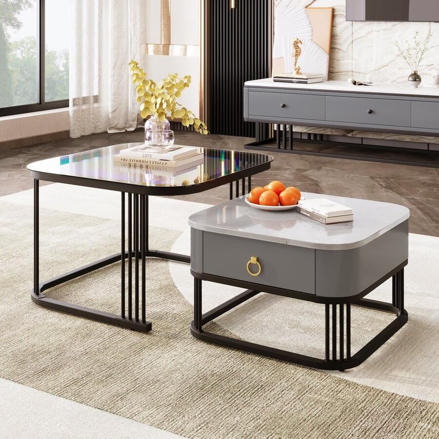 HAUSS SPOLE Salontafel 2 Delige Set Met Marmor Optiek En Glasplaat Vierkant Design Voor Woonkamer Of Balkon 60x60+50x50 cm MDF + Metaal Zwart en Grijs