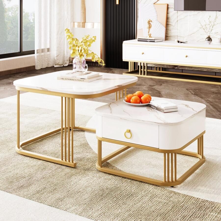HAUSS SPOLE Salontafel 2 Delige Set Met Marmor Optiek En Glasplaat Vierkant Design Voor Woonkamer Of Balkon 60x60+50x50 cm MDF + Metaal Wit en Goud