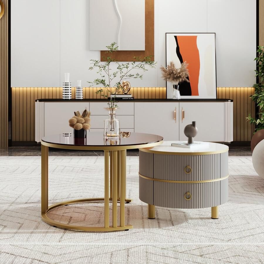 HAUSS SPOLE Salontafel 2-in-1 Rond MDF Set Met Glanzende Glasplaat En 2 Laden Functioneel Voor Woonkamer 70x70+50x50 cm MDF + Plastic + Glas + Metaal Grijs Bruin