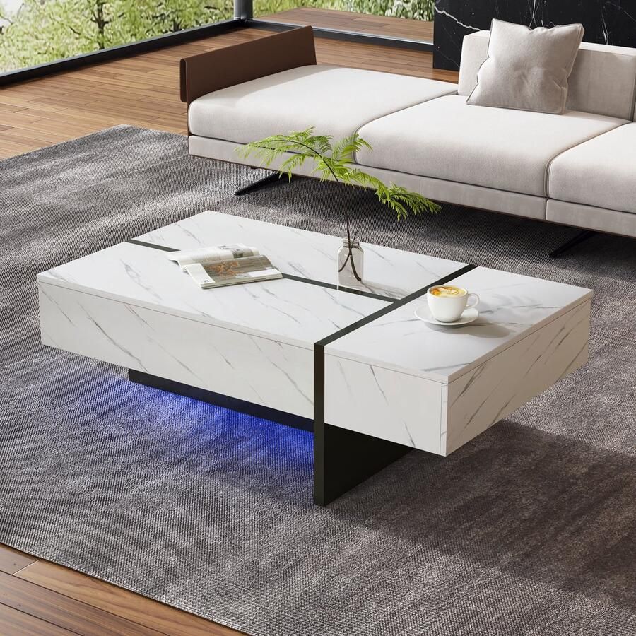 HAUSS SPOLE Salontafel Koffietafel Met 3 Laden En LED Rechthoekig Hoogglans Met Opbergruimte Voor Woonkamer 105x60x35 cm Spaanplaat Wit