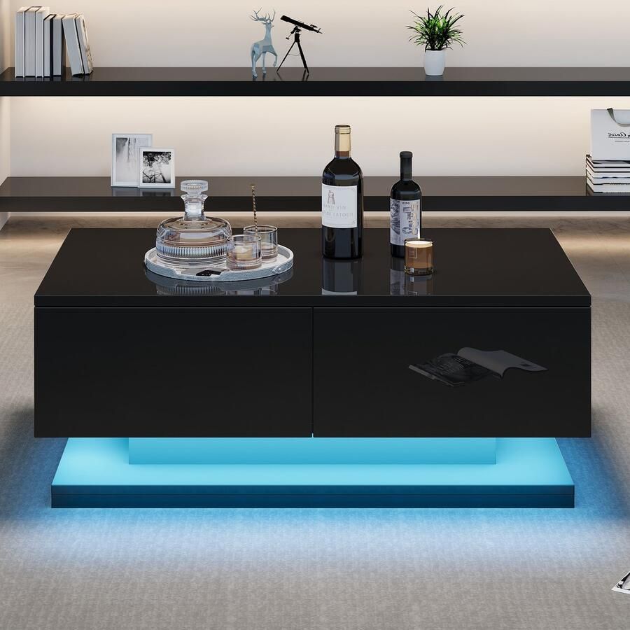 HAUSS SPOLE Salontafel Moderne Koffietafel met 2 Laden en LED Verlichting 90x50x38 cm Spaanplaat Zwart
