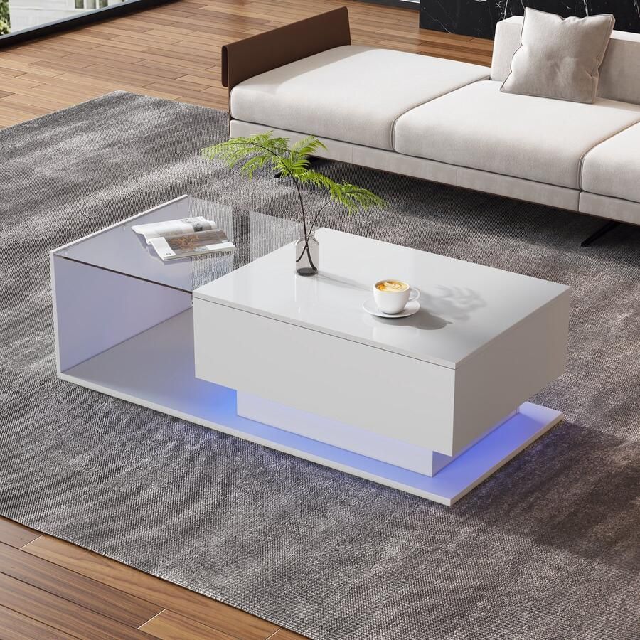 HAUSS SPOLE Salontafel Rechthoek 100x50x32 cm Salontafel Met Lade En LED Glasplaat Praktisch Opbergruimte Voor Woonkamer Hout Wit