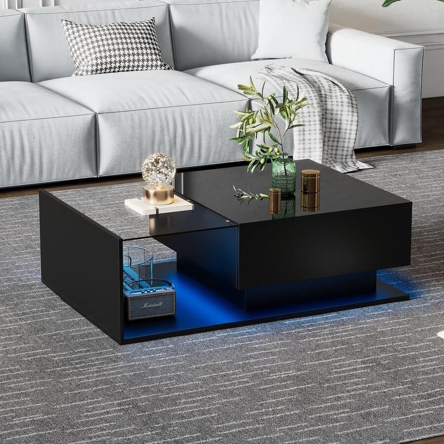 HAUSS SPOLE Salontafel Rechthoek 100x50x32 cm Salontafel Met Lade En LED Hoogglans Bovenplaat Praktisch Opbergruimte Voor Woonkamer Hout Zwart