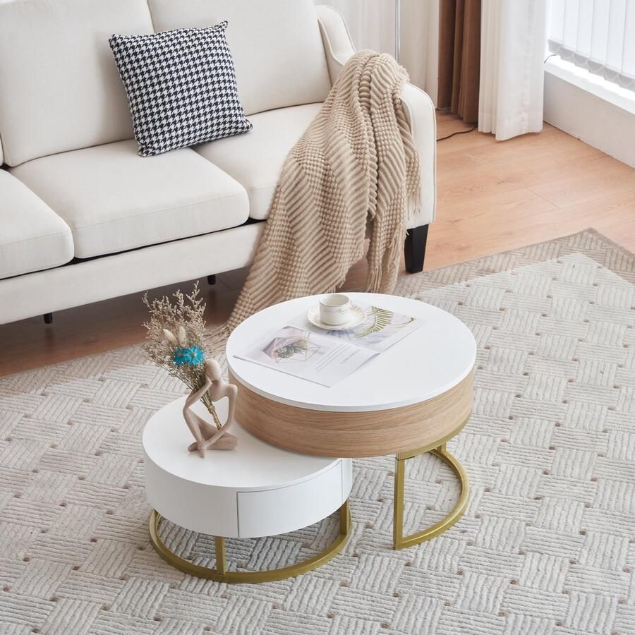 HAUSS SPOLE Salontafel Rond 2 Delige Set Met Lade Opbergruimte En Klapfunctie Modern Voor Woonkamer Of Balkon 70x70 56 5+60x60 cm MDF Wit + Houtkleur