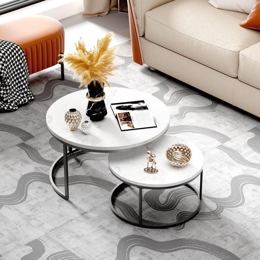 HAUSS SPOLE Salontafel rond Set van 2 Wit Hoogglans marmer look Steen Ronde salontafel Bijzettafel Stevig En Stijlvol -Woonkamer 70x70 50x50cm Goud Metalen Frame- Goud- Lukas