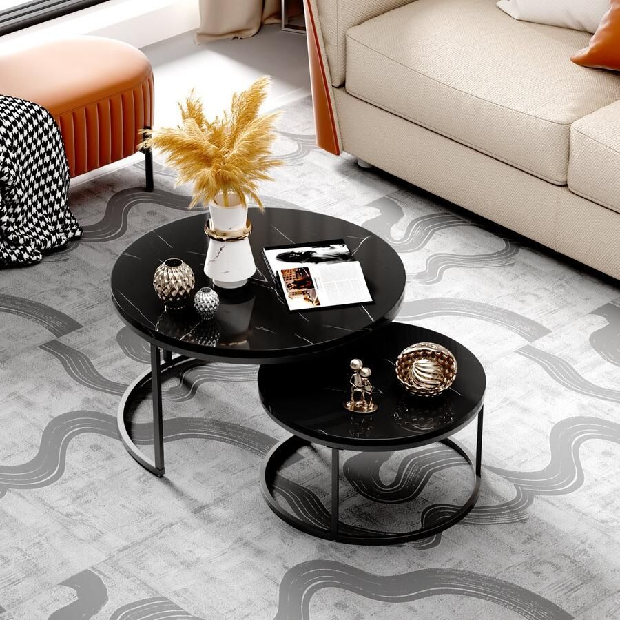 HAUSS SPOLE Salontafel rond Set van 2 Zwart Hoogglans marmer look Steen Ronde salontafel Bijzettafel Stevig En Stijlvol -Woonkamer 80x80 60x60cm Zwart Metalen Frame- Zwart