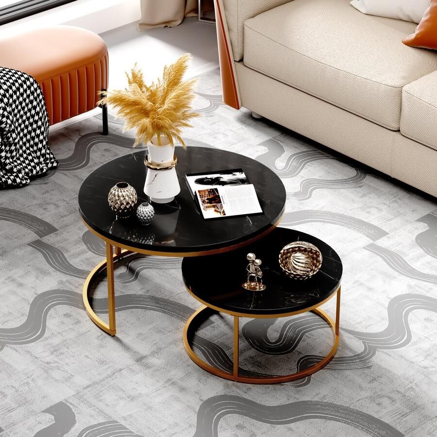 HAUSS SPOLE Salontafel rond Set van 2 Zwart Hoogglans marmer look Steen Ronde salontafel Bijzettafel Stevig En Stijlvol -Woonkamer 80x80 60x60cm Goud Metalen Frame- Zwart