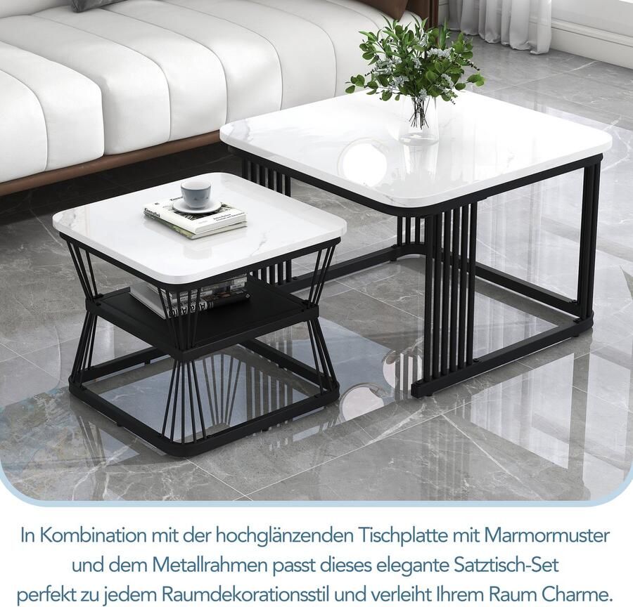 HAUSS SPOLE Salontafel Vierkant 65x65x45 + 45x45x39.5 cm 2 Delige Set Moderne MDF Marmerlook Tafel Praktisch Voor Woonkamers Metaal Wit