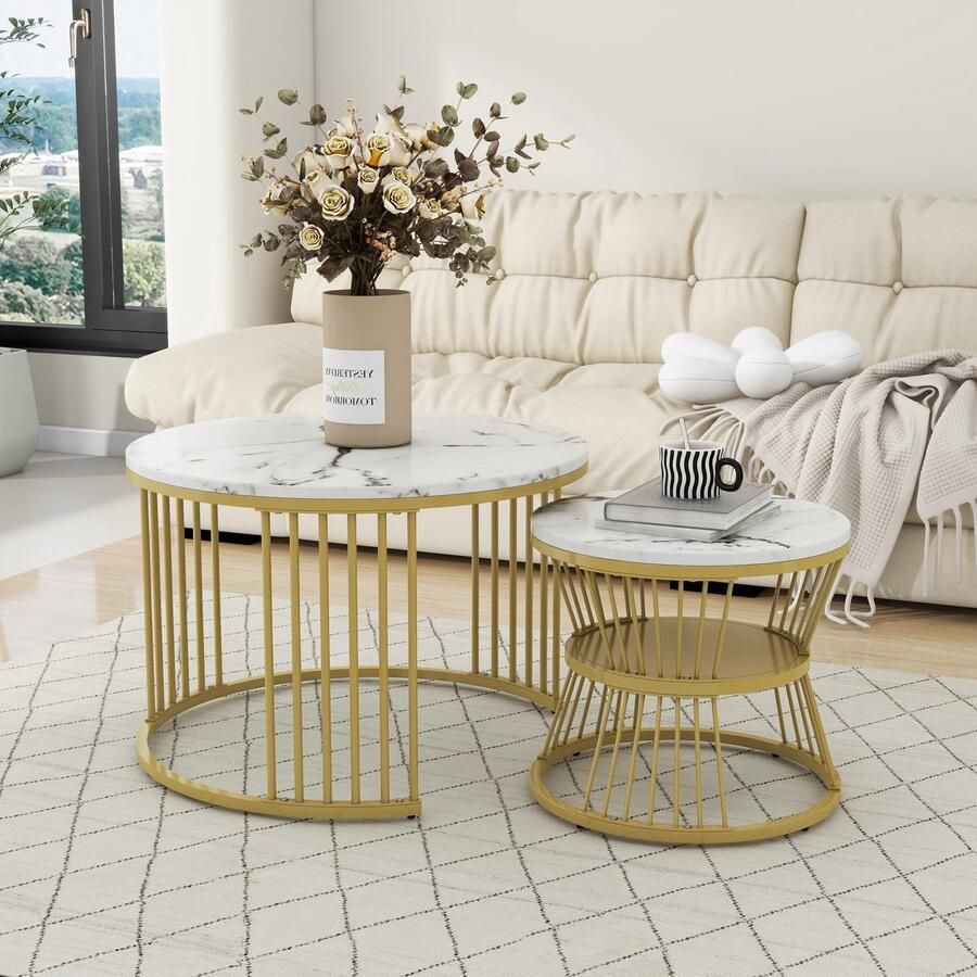 HAUSS SPOLE Salontafels Koffietafel 2-delige Salontafel Set Ronde Bijzettafels Modern Design 70x70x47 & 45x45x40 cm MDF+Metaal Wit