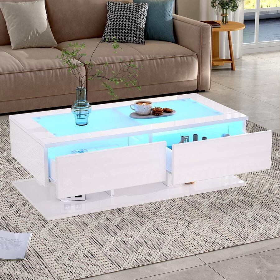 HAUSS SPOLE Salontafels Koffietafel Hoogglans Met 2 Laden En LED-Strook 100x50x35 cm Spaanplaat Wit