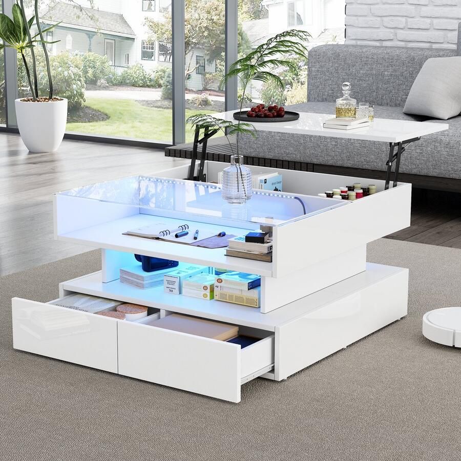 HAUSS SPOLE Salontafels Koffietafel Hoogteverstelbare Salontafel met 2 Laden en LED-Verlichting 80x80x45 cm Spaanplaat Wit