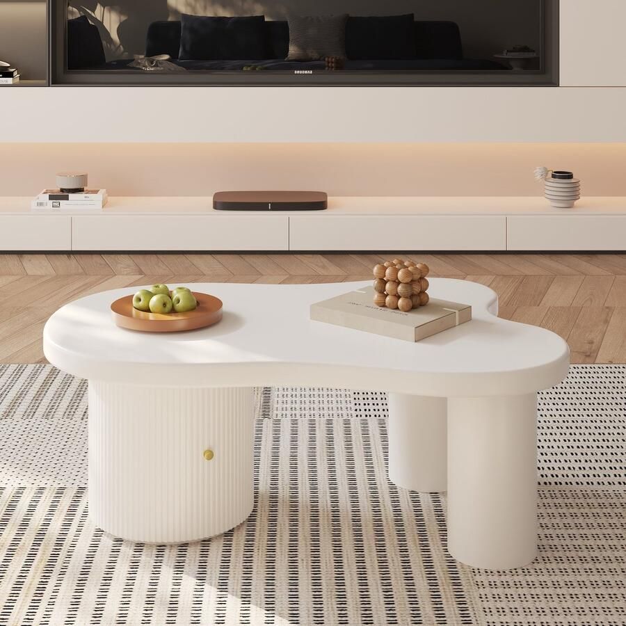 HAUSS SPOLE Salontafels Koffietafel Moderne Salontafel Met Geschwungene Schranktür Schmutzresistente Oppervlak En Opbergruimte Asymmetrisch Woonkamer Tafel 100x60x37 cm MDF Wit