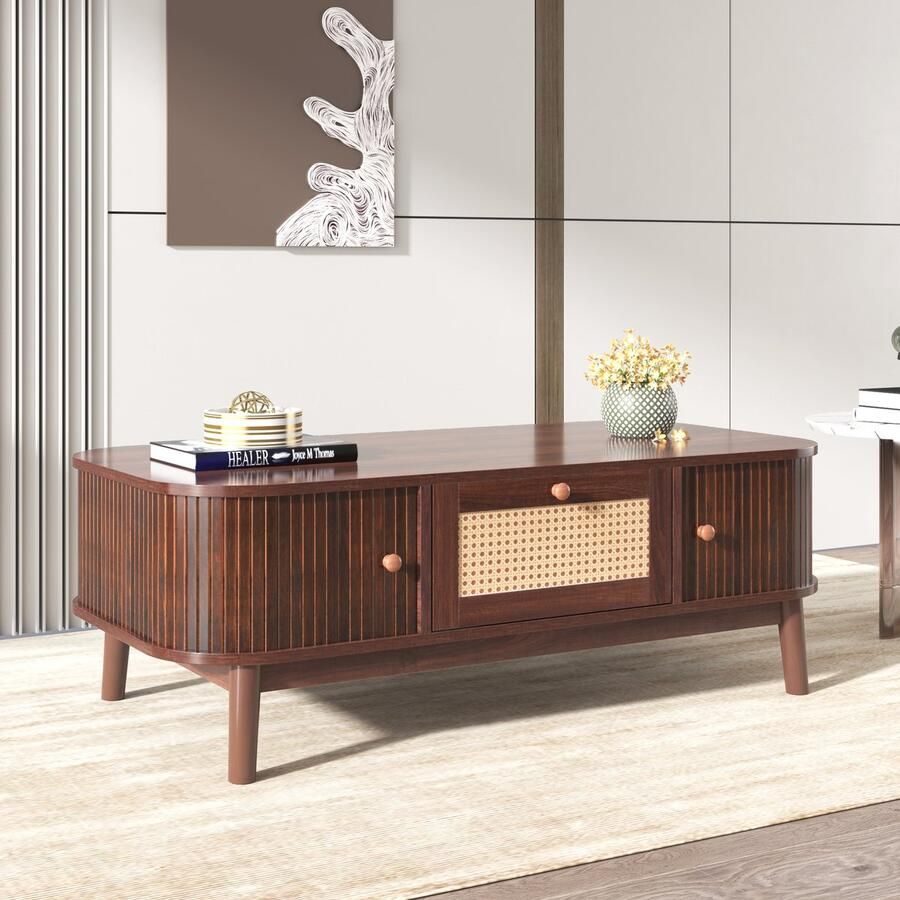 HAUSS SPOLE Salontafels Koffietafel Rattan Koffietafel Met Lade En Schuifdeuren Massief Hout Poten Rechthoekig 110x55x38 5 cm Massief Hout + Spaanplaat Bruin