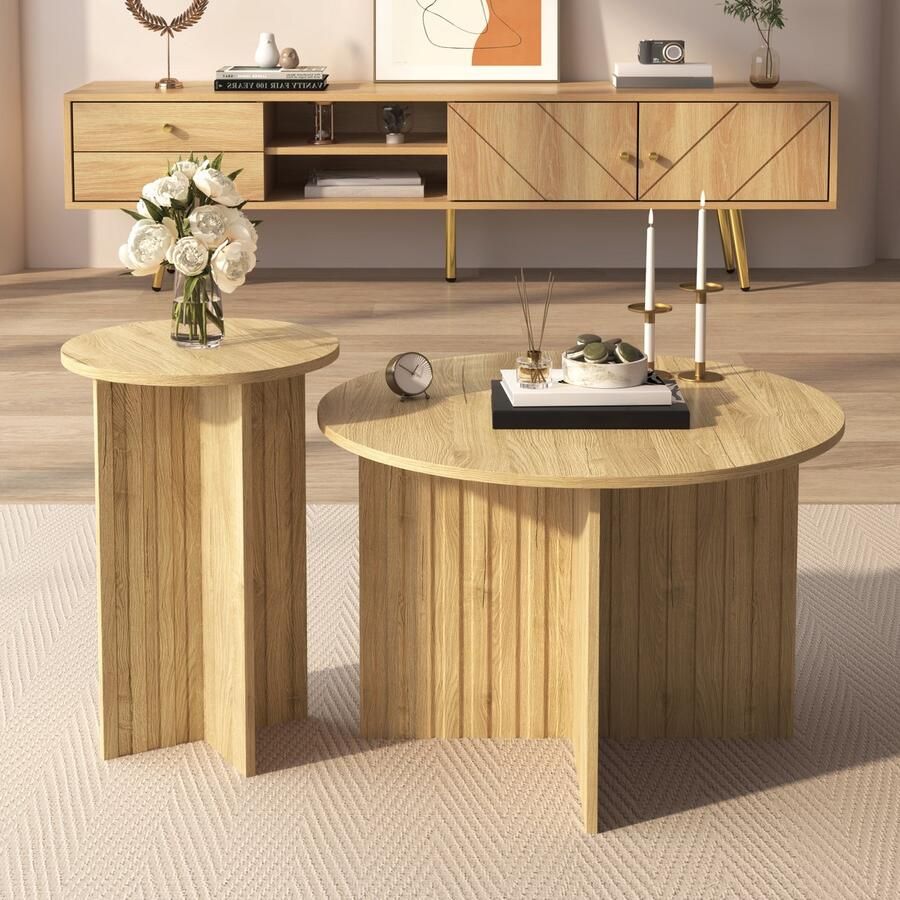 HAUSS SPOLE Salontafels Koffietafel Rond 2-Delig Set Scandinavisch Design 76x76x50 & 40x40x56 5 cm Spaanplaat Naturel