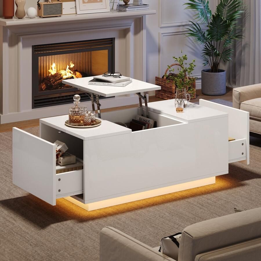 HAUSS SPOLE Salontafels Koffietafel Salontafel Met 2 Laden + LED Licht Hoogte Verstelbaar Lift-up Tafel Woonkamer Tafel 95x48x40 cm Spaanplaat Wit