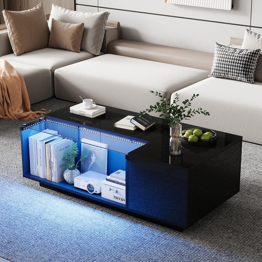 HAUSS SPOLE Salontafels Koffietafel Salontafel Met 2 Laden + LED Licht Veel Opbergruimte Woonkamer Tafel 100x50x35 cm Spaanplaat + Gehard Glas Zwart