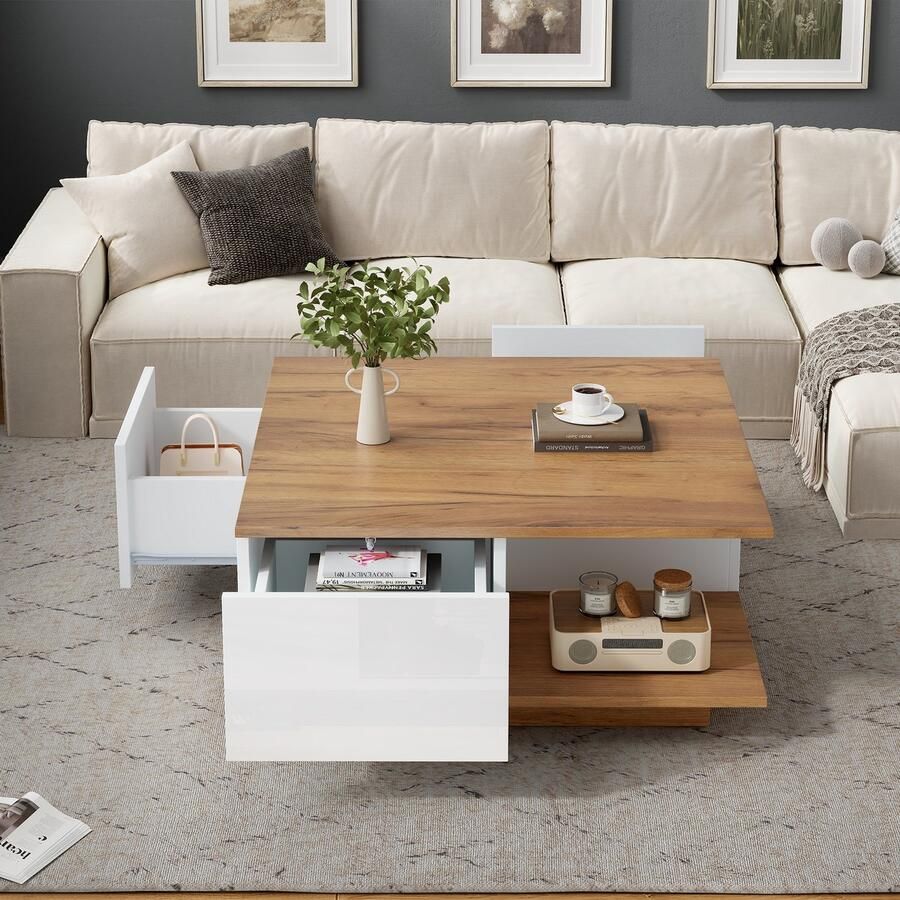 HAUSS SPOLE Salontafels Koffietafel Salontafel Met 3 Laden En Opbergruimte Hoogglans Geometrisch Design 70x70x31.5 cm Spaanplaat Wit