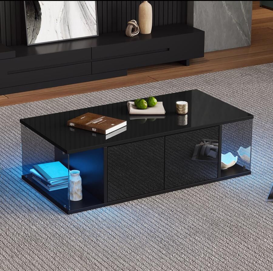 HAUSS SPOLE Salontafels Koffietafel Salontafel Met LED En 2 Kasten Hoogglans Sofatisch Met Terugslag Schakelaar 100x50x30 cm Spaanplaat Zwart