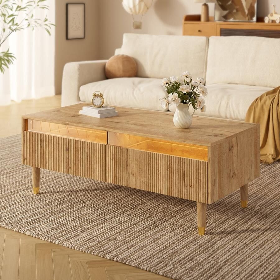 HAUSS SPOLE Salontafels Koffietafel Salontafel Met LED En 2 Laden 110x50x40 cm MDF Bruin