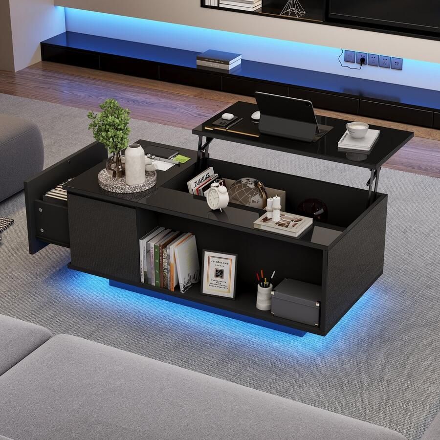 HAUSS SPOLE Salontafels Koffietafel Salontafel Met Verstelbare Hoogte En 1 Lade LED Licht + USB + Opbergruimte Woonkamer Tafel 100x50x40 cm Spaanplaat Zwart