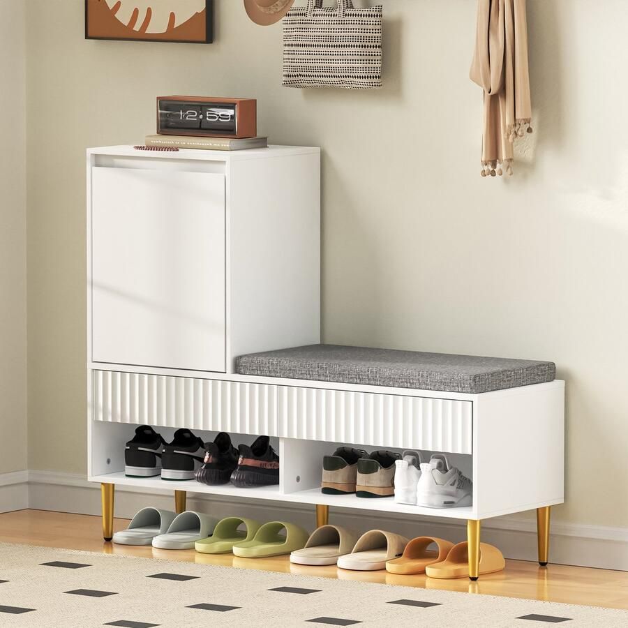 HAUSS SPOLE Schoenenkast Schoenenbank Met Opbergruimte 1 Deur 2 Laden En 2 Open Vakken 100x35x90 cm Spaanplaat Wit