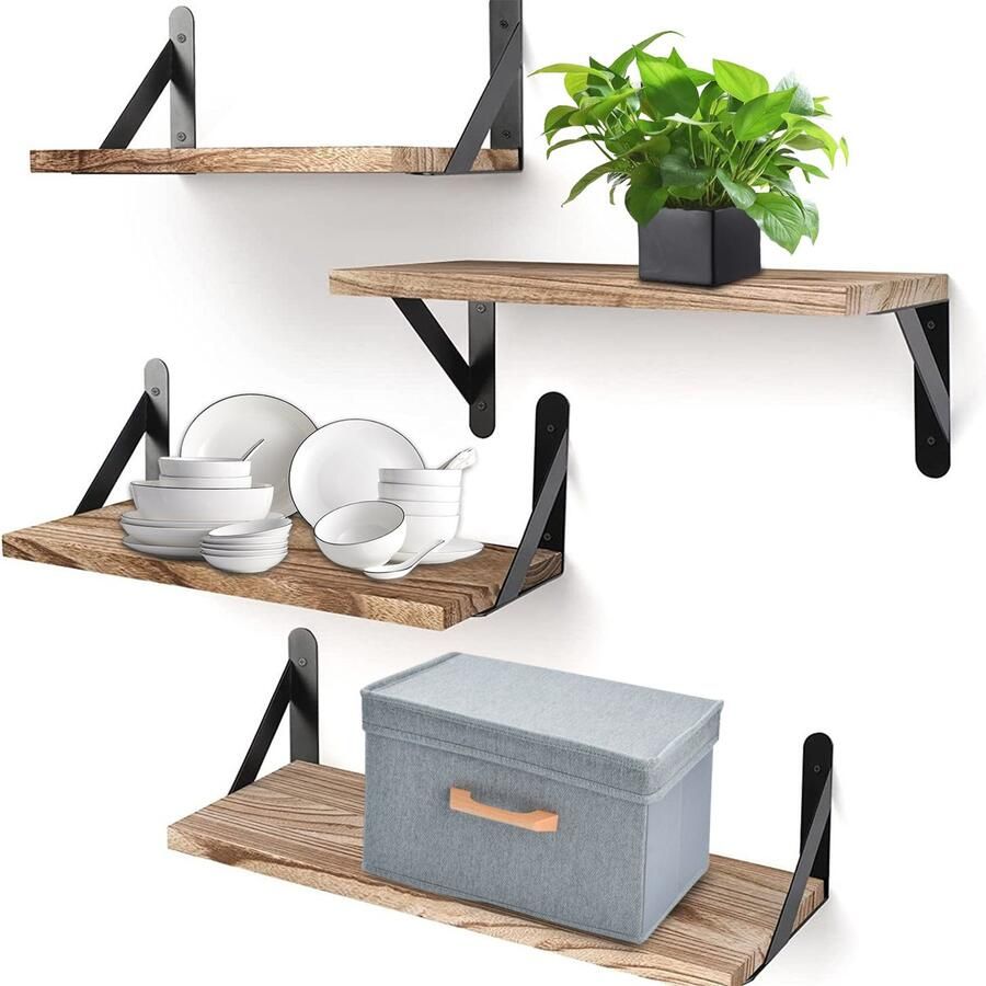 HAUSS SPOLE Set van 4 Wandplank Robuust Massiefhout Ruimtebesparend 42x15.5cm Moderne Boerderij Stijl Perfect voor Woonkamer Badkamer Keuken Natur