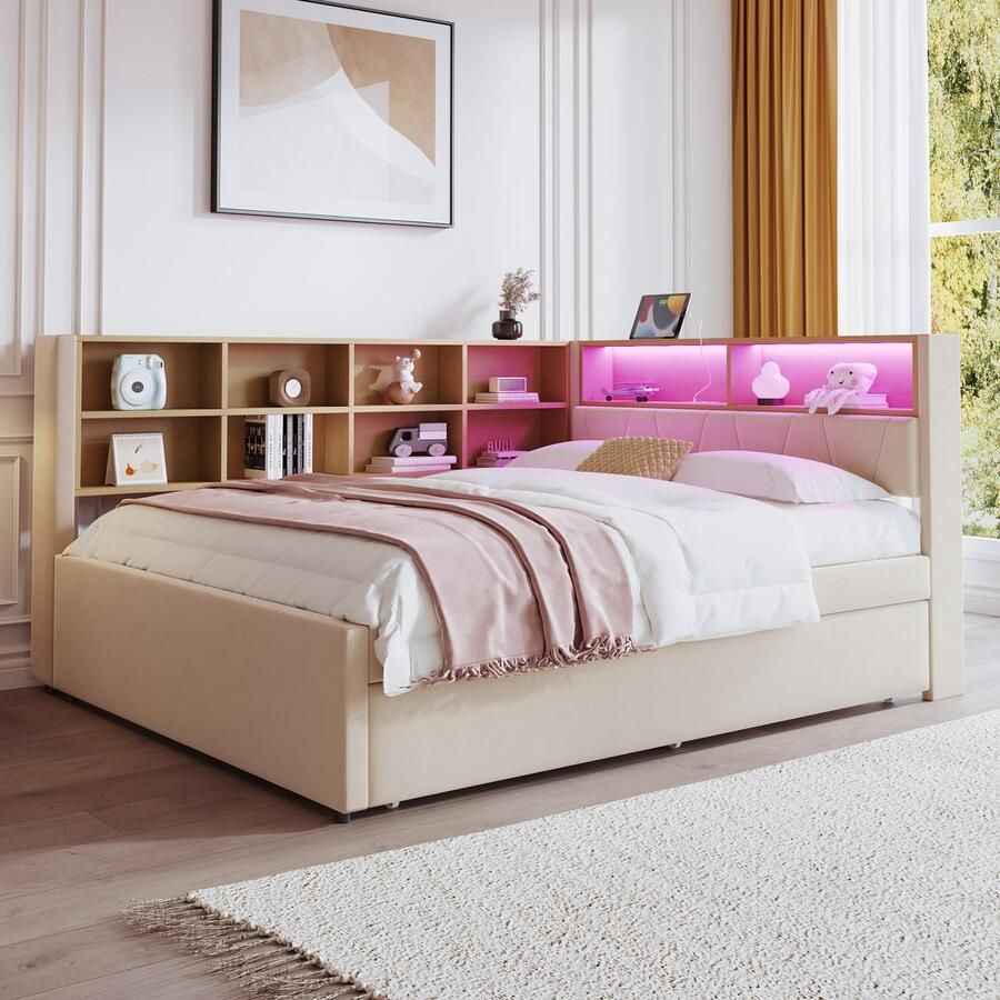 HAUSS SPOLE Slaapbank 140x200 cm Tweepersoonsbed Met Opbergladen Zeer Comfortabel Flanel Beige