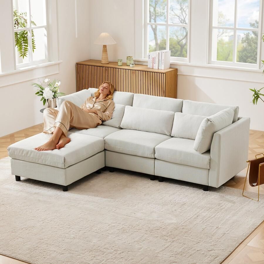 HAUSS SPOLE Slaapbank 3-Zits Comfortabele Sofa met Kussens Verstelbare Rugsteun Linnen Beige