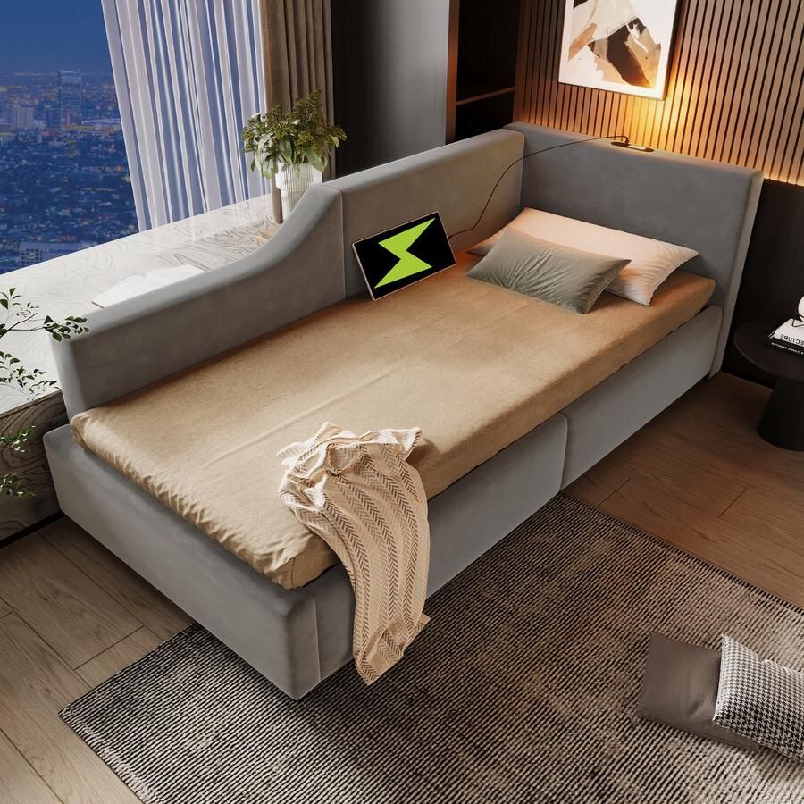 Merax Gestoffeerd bed 90x200cm slaapbank met opbergruimte leeslichtfunctie en USB-C oplaadfunctie kinderbed zonder matras grijs