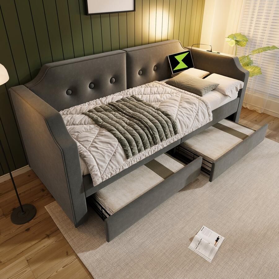 HAUSS SPOLE Slaapbank 90x200 cm Fluwelen Daybett Met USB Type-C Oplaadfunctie 2 Opberglades En Leeslamp Multifunctioneel Kinder- En Jeugdbed Fluweel Grijs
